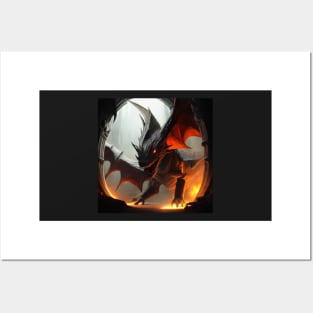 Evil Black Dragon with Wings surrounded by Fire in a Cave Posters and Art